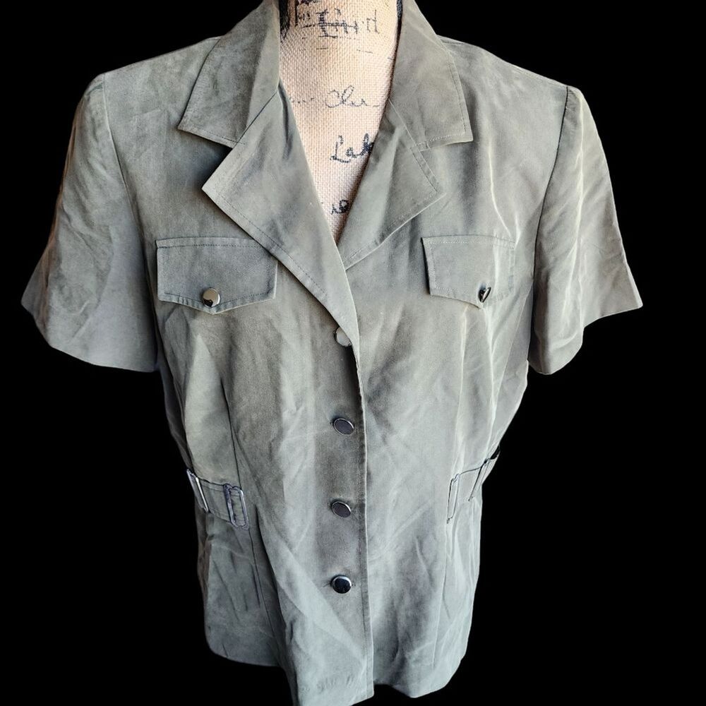 Dressbarn Short Sleeve Dress Jacket SZ 16 Suede Utility Minimalist Military Soft